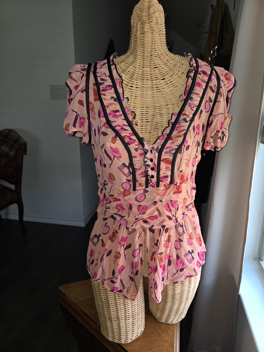 Maeve Pink Floral Ruffle V-Neck Blouse